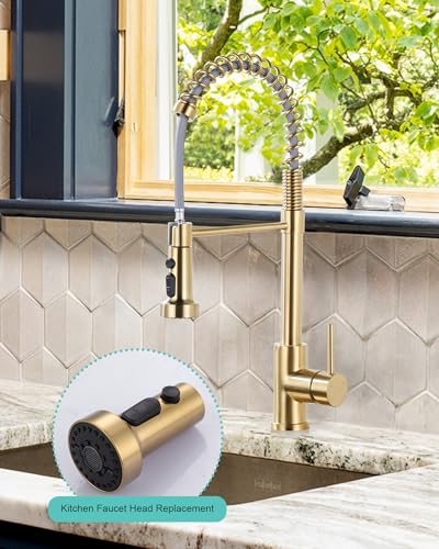 Pull Down Faucet Head Replacement: 3-Function Kitchen Faucet Head with 9 Adapters - Brushed Gold Kitchen Sink Spray Replacement Compatible with Moen, Delta, American Standard Faucets - color: Brushed Gold