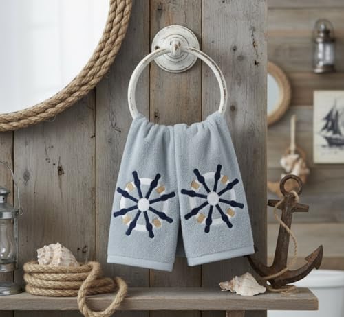 Serafina Home Coastal Nautical Ocean Embroidered Navy White Fingertip Towels, Captains Ship Wheel, Set of 2, 12 x 18 inches, 100% Cotton, - color: Ships Wheel