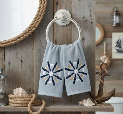 Serafina Home Coastal Nautical Ocean Embroidered Navy White Fingertip Towels, Captains Ship Wheel, Set of 2, 12 x 18 inches, 100% Cotton, - color: Ships Wheel