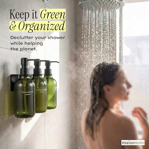 MaisoNovo Shampoo and Conditioner Dispenser|Refillable Green Set of 3 | No Drill Wall Mount - Shower Soap Dispenser · Holds Body Wash or Hand Soap · Wall Soap Dispenser - color: Green Black Set of 3
