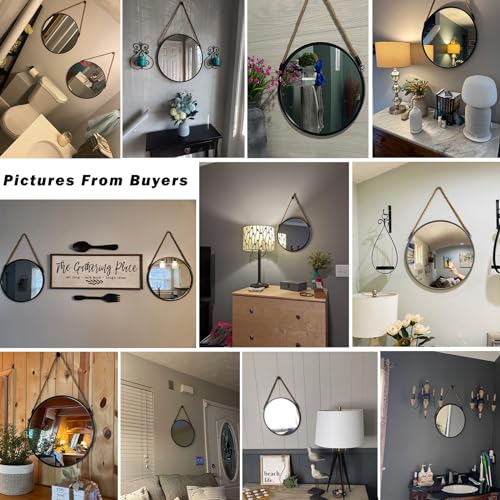 POZINO 15" Small Round Hanging Mirror with Grey Metal Frame - color: Grey, size: 15"L x 15"W