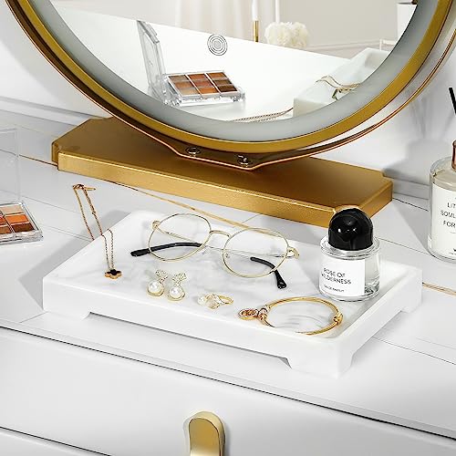 Luxspire Marble Tray for Soap Dispenser Perfume Jewelry, M, Marble White | 10 x 6 inch, non-slip waterproof resin, easy wipe clean, fits bath kitchen vanity, holds jewelry toiletries soap - color: B - White Marble, style: Medium