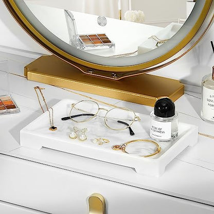 Luxspire Marble Tray for Soap Dispenser Perfume Jewelry, M, Marble White | 10 x 6 inch, non-slip waterproof resin, easy wipe clean, fits bath kitchen vanity, holds jewelry toiletries soap - color: B - White Marble, style: Medium