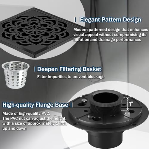 6 Inch Shower Drain, Square Shower Floor Drain Kit with Flange and Removable Cover Grate, AISI 304 Stainless Steel, Matte Black - color: Matte Black, size: 6 inches