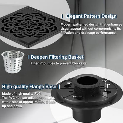 6 Inch Shower Drain, Square Shower Floor Drain Kit with Flange and Removable Cover Grate, AISI 304 Stainless Steel, Matte Black - color: Matte Black, size: 6 inches