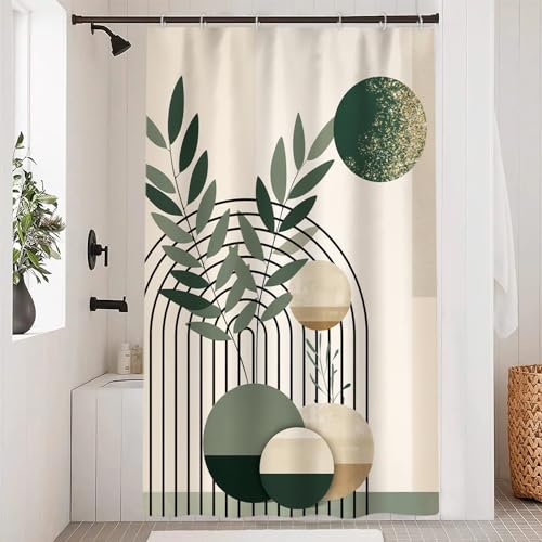 Mid Century Sage Green Stall Shower Curtain with Hooks 48x72 Inch | Waterproof Small Abstract Green and Beige Bathroom Curtain for Shower Stall, Machine Washable - color: Abstract 041, size: 48"W x 72"L (Pack of 1)