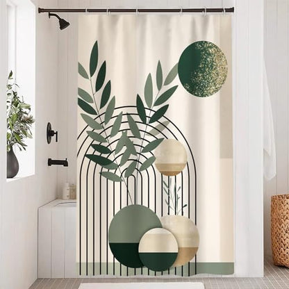 Mid Century Sage Green Stall Shower Curtain with Hooks 48x72 Inch | Waterproof Small Abstract Green and Beige Bathroom Curtain for Shower Stall, Machine Washable - color: Abstract 041, size: 48"W x 72"L (Pack of 1)