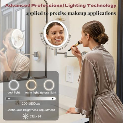 Wall Mounted Lighted Makeup Mirror, 1/5X Magnifying, Brass Brushed Nickel | Double Sided, Touch Dimming, 3 Color LED Lighting, 8 Inches, 360 Swivel, Extension Arm, Bathroom Vanity Shaving, Rechargeable - color: Brushed Nickel