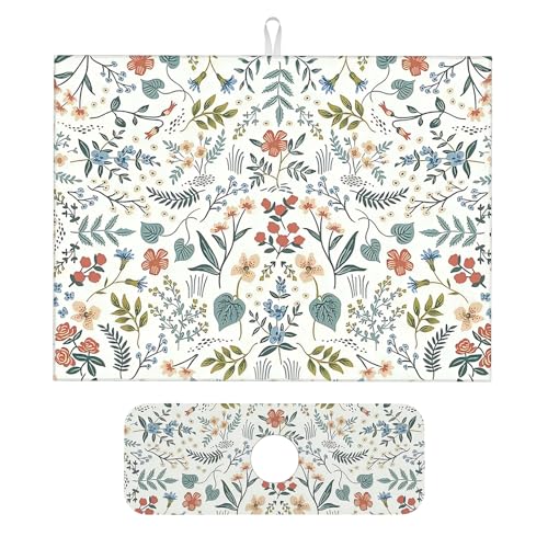 2Pcs Dish Drying Mats Faucet Mats Sets Large Size Coffee Mats Sink Faucet Mat Splash Guard for Kitchen Counter Bathroom Sink Coffee Bar Kitchen Decor (Wildflowers 1, 18"x24" 15" x 5.5"Set) - color: Wildflowers 1