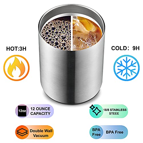 MEWAY 12 oz Lowball, Tumbler Stainless Steel Double Wall Vacuum Insulated Mug with Straw and Lid, Cleaning Brush ，Durable Powder Coated Insulated Coffee Cup for Cold & Hot Drinks (Silver,4 pack) - color: Silver