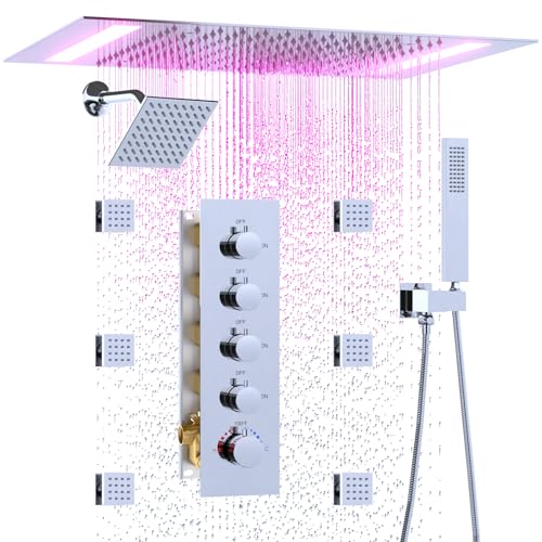 HOMEDEC LED 14x20" Ceiling and 6" Wall Shower Heads Full Body Shower System, with 4-Way Thermostatic Diverter Valve, Body Sprays and Handheld, Chrome - color: Chrome, style: 4-Way + 1x 6" Top