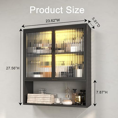Bathroom Cabinet Wall Mount,Metal Medicine Cabinets with Glass Doors and LED Light,Wall Cabinet Over The Toilet,Black Hanging Cabinet for Bathroom Laundry Room Kitchen - color: Black