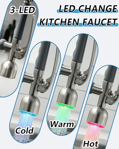 Fapully Commercial Pull Down Sprayer Brushed Nickel Kitchen Faucet | Single Handle Kitchen Sink Faucet with LED Light - color: Brushed Nickel, style: Modern