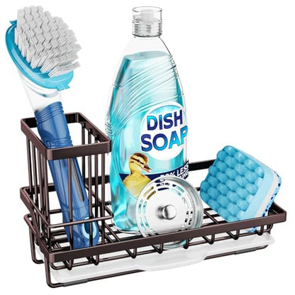 Consumest Sink Caddy Kitchen Organizer, Sponge Holder for Kitchen Sink with Removable Drip Tray for Countertop Dish Soap Holder Dispenser Brush Holder, 304 Stainless Steel - Bronze - color: Bronze