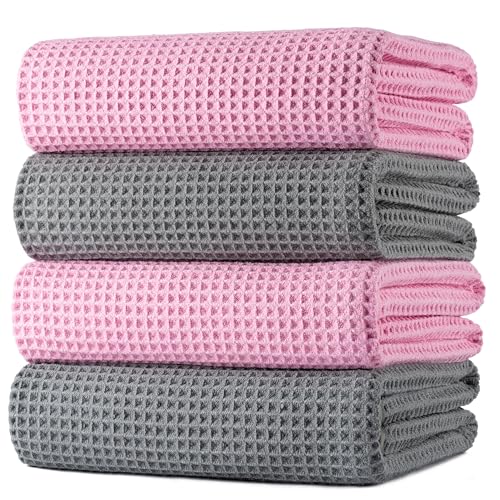 POLYTE 430 GSM Poly Blend Microfiber Quick Dry Waffle Bath Towel, 30x60 in | 4 Pack, Oversize, Lint Free, Body Towel - color: Gray,pink