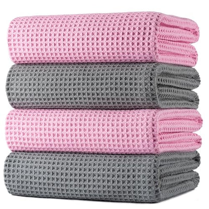 POLYTE 430 GSM Poly Blend Microfiber Quick Dry Waffle Bath Towel, 30x60 in | 4 Pack, Oversize, Lint Free, Body Towel - color: Gray,pink