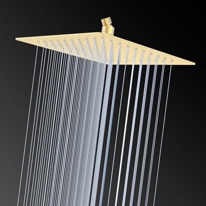 10 Inch Rain Shower Head, Square Rainfall & High Pressure, 304 Stainless Steel, 1/16" Ultra Thin, Waterfall Full Body Coverage with Silicone Nozzle, Brushed Gold - color: Golden, size: 10 Inch