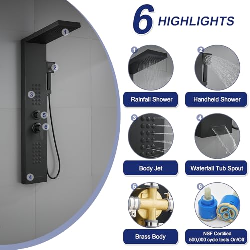 ROVATE Shower Panel Tower System with Rainfall Shower Head, Matte Black | Shower Tower with Powerful Body Jets, Handheld Shower and Tub Spout, Stainless Steel Shower Column Black High Pressure - style: 4 Modes-Matte Black-2 Jets