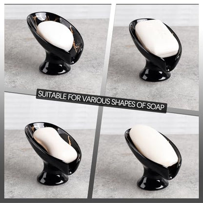 Soap Dish, Ceramic Soap Holder Self Draining Leaf Shape Bar Soap Holder, Marble Look Black Drain Soap Dish Holder for Bathroom, Easy to Clean Keeps Soap Dry, ANTIS'S HOME - color: 1pcs-black