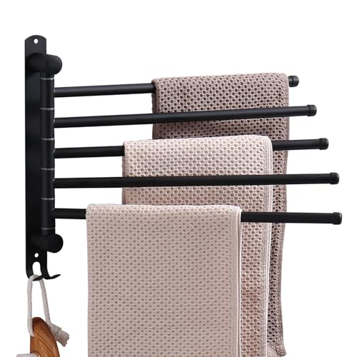 Swivel Towel Rack, 14" Thicken 304 Stainless Steel 5-Arm Adjustable Towel Bar,Wall Mounted Towel Holder with Hook, Space Saving for Kitchen, Bathroom, Outdoor (Black, 5 Arms) - color: Black, size: 5-arms