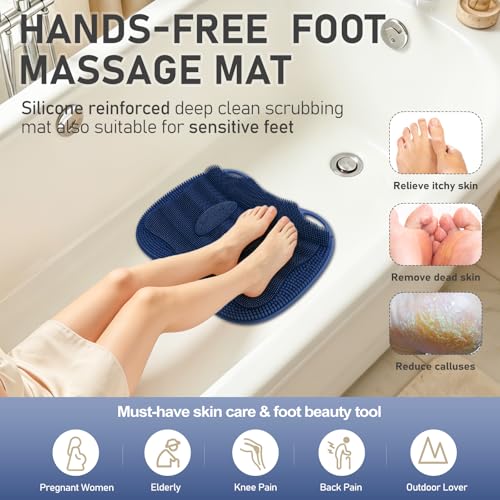 Shower Foot Scrubber Mat Large 2.0- Silicone Feet Toes Massage Exfoliate Cleaner Pad Long Brush Without Bending Non-Slip Suction Cups in Shower Floor Bathtub Foot Relax Spa 17.4 * 13" Navy Blue - color: 17.4*13.4" Navy Blue