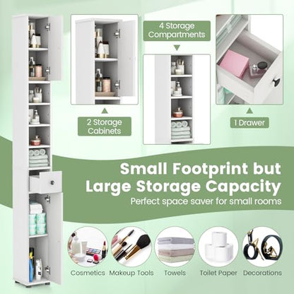 Tall Bathroom Storage Cabinet, 71’’ Slim Linen Tower Organizer with 2 Doors, 5 Adjustable Shelves & 1 Drawer, Narrow Floor Freestanding Bathroom Cabinet for Small Spaces (White)