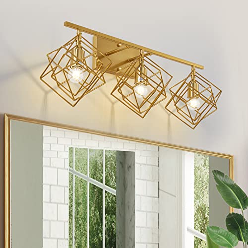 Bathroom Vanity Light with 3 Bulbs Bathroom Light Fixtures Over Mirror with 3 Rotatable Cube Shades Modern Wall Mounted Brushed Brass Gold - color: Brushed Brass, size: 3-Lights ( 28" Width )
