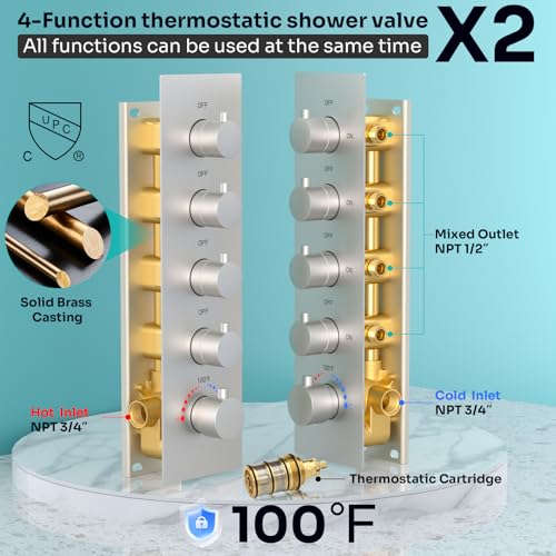 HOMEDEC Couples Luxury Shower System, LED 14x20" and 6" Side Shower Heads, 4-Way Diverter Valves Multi-Function Shower Faucet Set, Brushed Nickel - color: Brushed Nickel