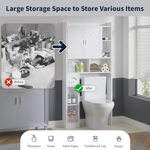 VECELO Over The Toilet Storage Cabinet, Storage Cabinet Over Toilet with Adjustable Shelves & Toilet Paper Holder Stand, Home Space-Saving Toilet Storage, for Bathroom, Restroom, Laundry, White - size: 32.3 inches x 7.8 inches x 70.2 inches