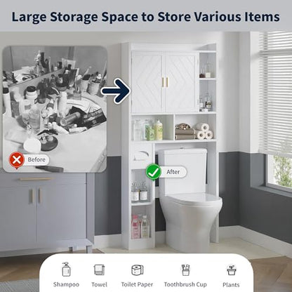 VECELO Over The Toilet Storage Cabinet, Storage Cabinet Over Toilet with Adjustable Shelves & Toilet Paper Holder Stand, Home Space-Saving Toilet Storage, for Bathroom, Restroom, Laundry, White - size: 32.3 inches x 7.8 inches x 70.2 inches