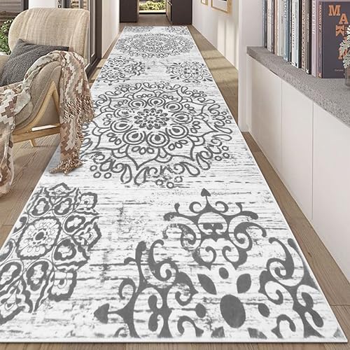 HEBE Hallway Runner Rug 3'x10', Washable Non Slip Kitchen Rug Runner | Soft Boho Bedroom Runner Rug, Vintage Distressed Low-Pile Floor Carpet Runners for Hallway, Entrance, Bathroom, Laundry - color: Grey, size: 3' x 10' (Rectangular)