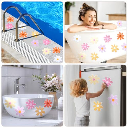 72 Pcs Flower Non Slip Bathtub Sticker,Safety Shower Treads Adhesive Appliques with Scraper Adhesive Star Flower Cute Bathtub Decals Bath Tread for Bathroom and Other Slippery Surfaces(Colorful)