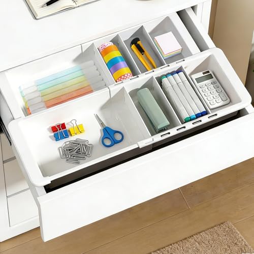 2 Pack Expandable Deep Drawer Organizer with Dividers, Sliding Drawer Tray | Adjustable Plastic Drawer Organizer with Removable Dividers for Kitchen, Bathroom, Bedroom & Desk Utensil Sorting, White