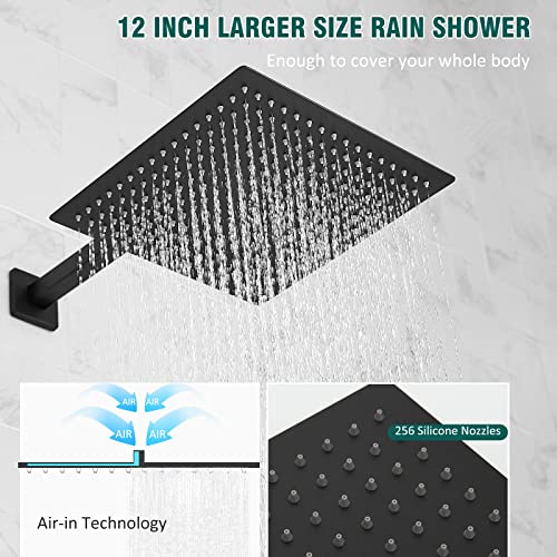 Hoimpro 12'' Rain Shower Head Shower Faucet Set with Handheld Sprayer Black | Stainless Steel Rainfall Shower Head, Shower System Fixture Combo, Square, High Pressure Vlave Trim Kit, Wall Mounted, Matte - color: Matte Black
