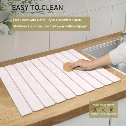 Stone Dish Drying Mat - Large Foldable Marbled Quick Drying Dish Mats With Stone Coasters Set of 4 Collapsible Ultra Absorbent Diatomaceous Earth Mats for Kitchen Counter Bathroom (Pink) - color: Pink