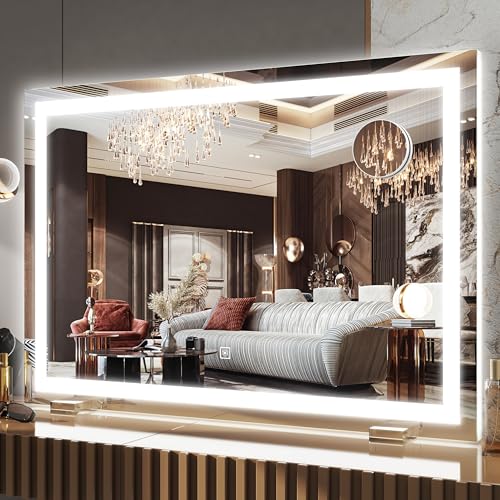FENNIO Makeup Mirror with Lights 32"x22" ，LED Makeup Mirror ，Large Vanity Mirror with Lights，Touch Sensor with Dimmable 3 Modes, Square White - color: White, size: 23"L x 32"W