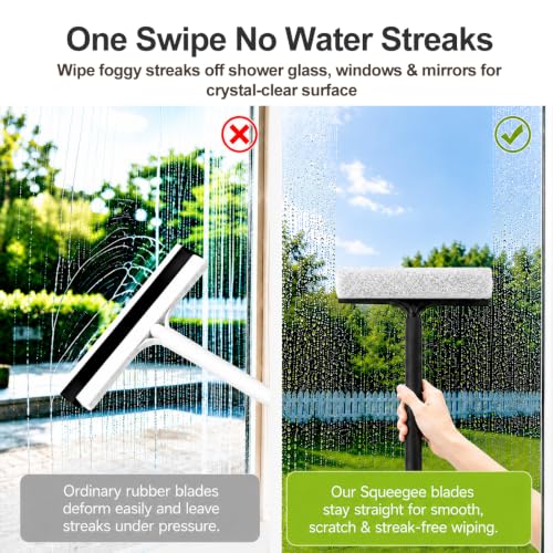 2 in 1 Window Squeegee with Adjustable Telescopic Pole, Shower Glass Squeegee for Indoor Outdoor Windows, Glass Doors, Shower Stalls, Car Windshield, Bathroom Tiles and Hard Floors