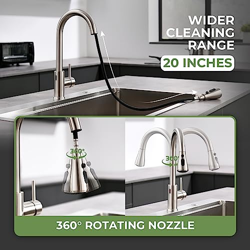 VFAUOSIT Touchless Kitchen Faucet with Pull Down Sprayer, Brushed Nickel | 3 Spray Modes, cUPC/CEC Certified, SUS304 Steel, Fingerprint-Resistant Finish, Ceramic Disc Valve, Single-Handle Control - color: Brushed Nickel-03
