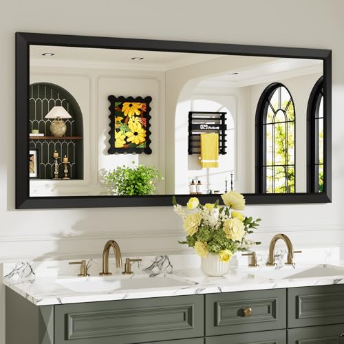 60x28 Inch Black Bathroom Mirror for Wall, Beveled Framed Rectangle Bathroom Vanity Mirrors for Over Sink, Bedroom, Living Room, Entryway, Anti-Rust, HD Tempered Glass, Horizontally/Vertically - size: 60"L x 28"W