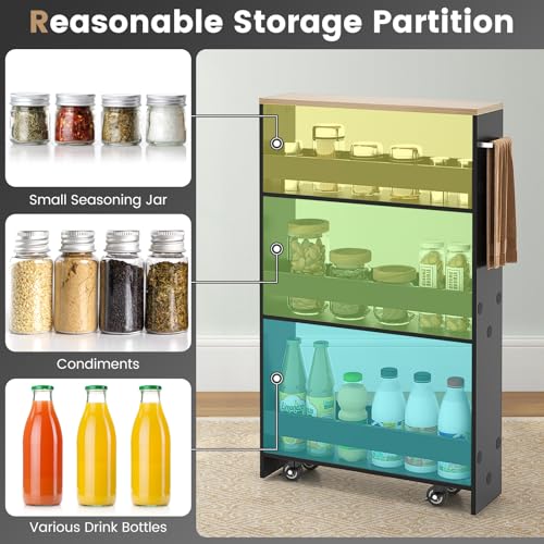 COSTWAY Slim Rolling Storage Cart, 4-Tier Rolling Utility Cart, Wood Kitchen Storage Cart with Handle & Wheels, Narrow Rolling Shelving Unit for Kitchen Bathroom Laundry Small Places (Dark) - color: Dark