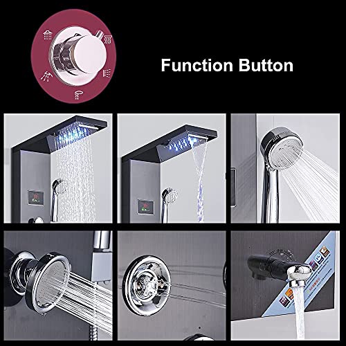 FUZ Contemporary Shower Panel Tower System Stainless Steel 6-Function Faucet LED Rainfall Waterfall Shower Head + Handheld Sprayer + Rain Massage Body Jets + Tub Spout, Black. - color: Black, style: 8009-B