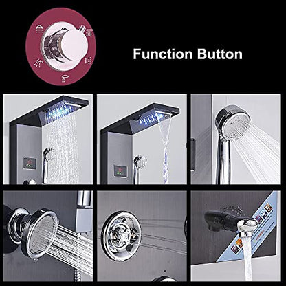 FUZ Contemporary Shower Panel Tower System Stainless Steel 6-Function Faucet LED Rainfall Waterfall Shower Head + Handheld Sprayer + Rain Massage Body Jets + Tub Spout, Black. - color: Black, style: 8009-B