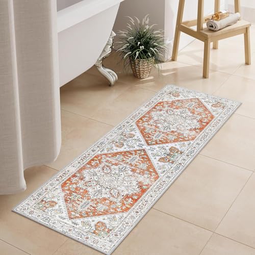 Bathroom Rugs Vintage Boho Bath Mats Light Orange Non Slip Bath Rug Comfy Velvet Washable Bath Mat Shower Rug for Bathroom Floor Sink Shower Vanity 18X47 Inch (Orange, 18X47 Inch) - color: Orange, size: 1'6" x 3'11" (Rectangular)
