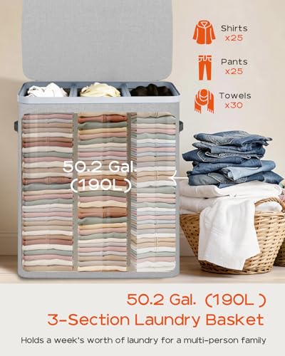 CASAMAYA Laundry Basket with Lid, Laundry Hamper 3 Section, 190L collapsible Laundry Organizer, Easy Assembly, with Handles and Removable Liners, 25.2 x 15.7 x 29.5 Inches, Gray JSP904G - color: Gray, size: 190L(3-Section)