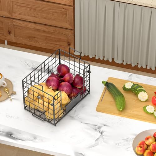 2-Pack Stackable Wire Baskets with 2 Pads & Bamboo Top, Pantry Organizer | Potato and Onion Storage Bin with Labels, Organize Produce/Fruit/Vegetable on Kitchen Counter, Cabinet or Under Sink, XL - size: XL-17.28x13.15x8.43
