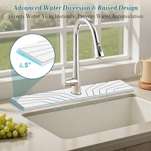 FEELSO Stone Faucet Mat for Kitchen Sink with Non-Slip Silicone Ring, Absorbent Diatomite Faucet Stone Drying Mat & Sink Splash Guard with 5° Slope Fast Draining, Sink Protector for Bathroom Counter