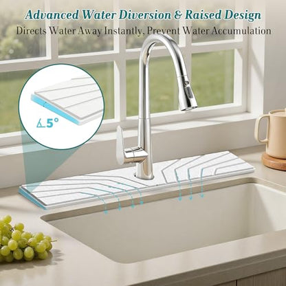 FEELSO Stone Faucet Mat for Kitchen Sink with Non-Slip Silicone Ring, Absorbent Diatomite Faucet Stone Drying Mat & Sink Splash Guard with 5° Slope Fast Draining, Sink Protector for Bathroom Counter