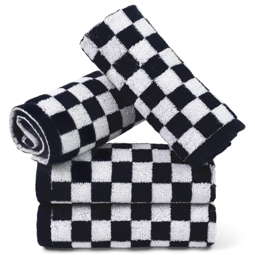 Jacquotha Wash Cloths Checkered 4 Pack (Black and White) | Cotton Washcloths for Face Body, 13 x 13 Inches Daily Cleansing Kitchen Towels - color: Black