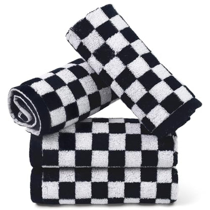 Jacquotha Wash Cloths Checkered 4 Pack (Black and White) | Cotton Washcloths for Face Body, 13 x 13 Inches Daily Cleansing Kitchen Towels - color: Black