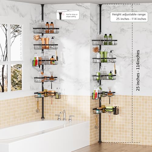 DAOYA Adjustable Tension Pole Shower Caddy, 5-Tier Stainless Steel Shower Shelf Organizer with 2 Movable Toothbrush Holders, 25-115 Inches Extendable Bath Tub Conner Storage Shelf for Family, Black - color: Black-5